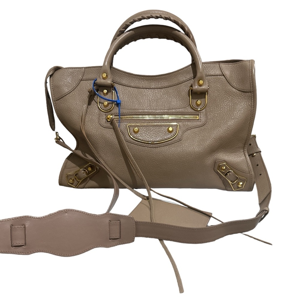 Authentic Balenciaga City Edge Shoulder Handbag Satchel Nude Leather Preowned